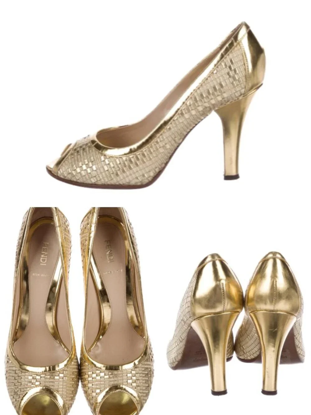 FENDI Spuntata Intreccio Oro / Gold Woven Leather Peep Toe Pump